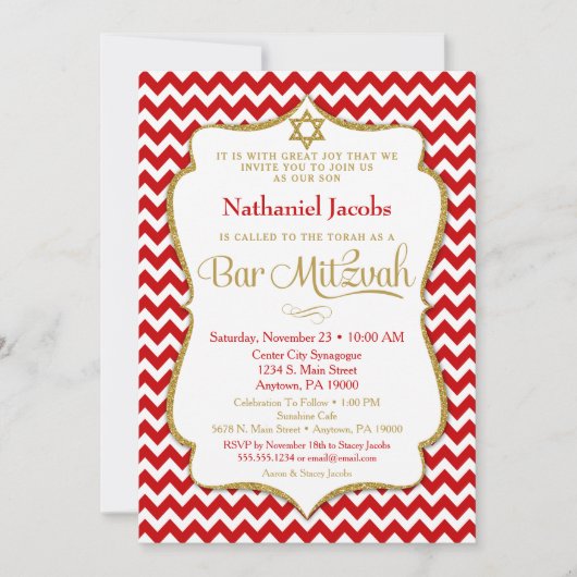 Bar Mitzvah Invitation Red Gold Elegant Chevron Kaart (Voorkant)