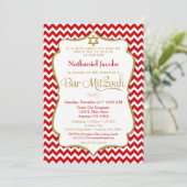 Bar Mitzvah Invitation Red Gold Elegant Chevron Kaart (Staand voorkant)