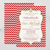 Bar Mitzvah Invitation Red Gold Elegant Chevron Kaart (Voorkant / Achterkant)