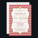 Bar Mitzvah Invitation Red Gold Elegant Chevron Kaart<br><div class="desc">Een elegante Bar Mitzvah-uitnodiging in rood en goud,  voorzien van rood en wit chevron & goudglitter text lijst samen met een gouden glitter Star van David. Het lijst van de glittertekst op deze klasbare en klassieke Bar Mitzvah nodigt eigenschappen een schaduw uit om een opgeheven verschijning te geven.</div>