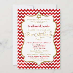 Bar Mitzvah Invitation Red Gold Elegant Chevron Kaart