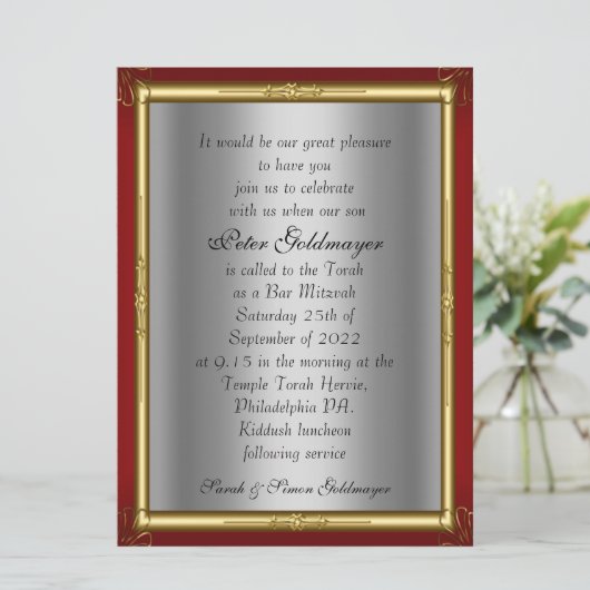 Bar Mitzvah Invitation Red Silver Kaart (Staand voorkant)
