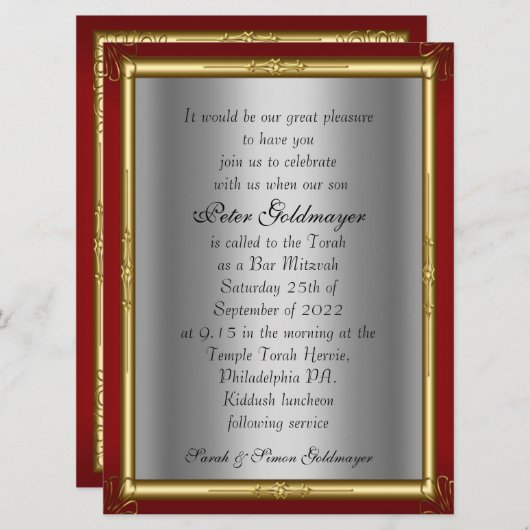 Bar Mitzvah Invitation Red Silver Kaart (Voorkant / Achterkant)