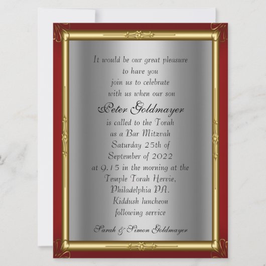Bar Mitzvah Invitation Red Silver Kaart (Voorkant)
