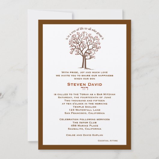 Bar Mitzvah Invitation Steven Tree of Life Brown Kaart (Voorkant)
