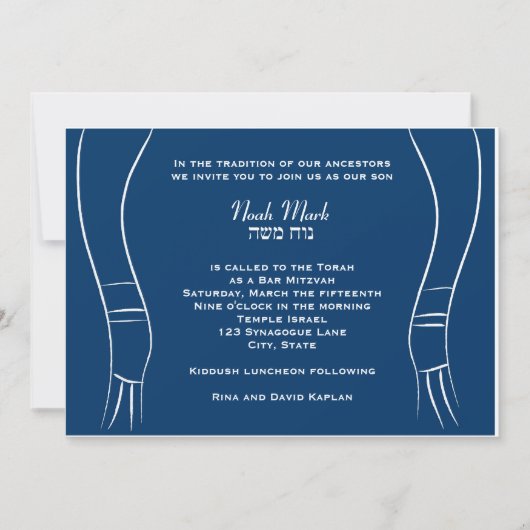 Bar Mitzvah Invitation Tallit Hebrew Blue Kaart (Voorkant)