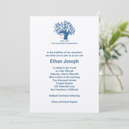 Bar Mitzvah Invitation Tree of Life Blue Kaart (Staand voorkant)