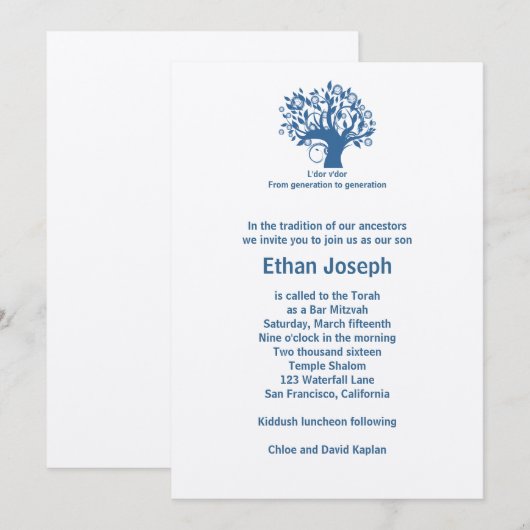 Bar Mitzvah Invitation Tree of Life Blue Kaart (Voorkant / Achterkant)