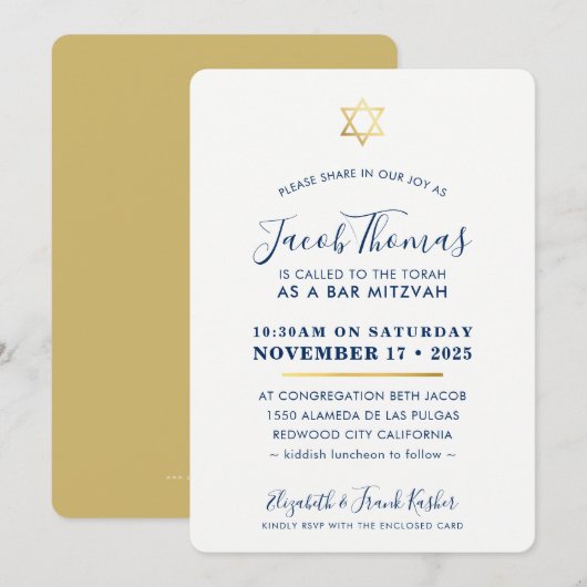 BAR MITZVAH INVITE eenvoudige moderne goud marine  Kaart (Voorkant / Achterkant)