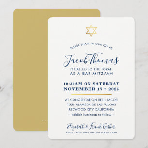 BAR MITZVAH INVITE eenvoudige moderne goud marine  Kaart