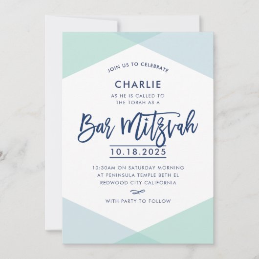 BAR MITZVAH INVITE handgeschreven marineblauwe mun Kaart (Voorkant)