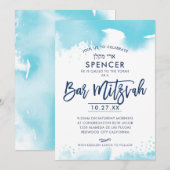 BAR MITZVAH INVITE met de hand geletterde aqua wat Kaart (Voorkant / Achterkant)