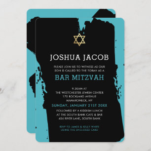 BAR MITZVAH INVITE modern grunge turquoise blue Kaart
