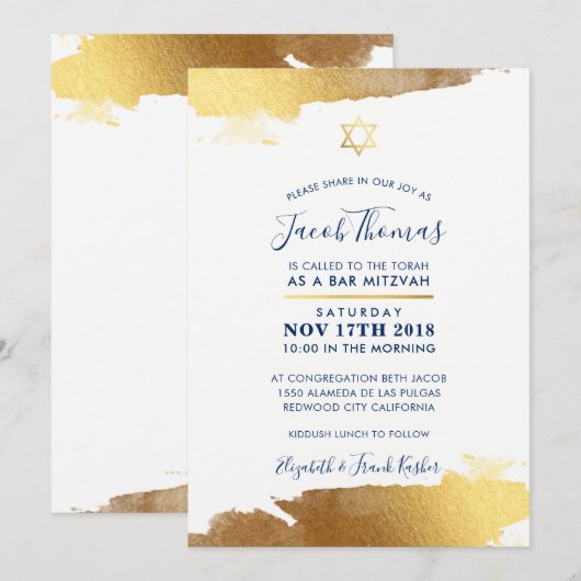 BAR MITZVAH INVITE modern verguld goud marine blau Kaart (Voorkant / Achterkant)