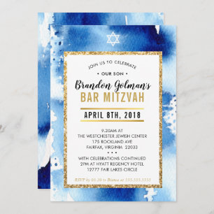 BAR MITZVAH INVITE modern waterverf cool blue Kaart