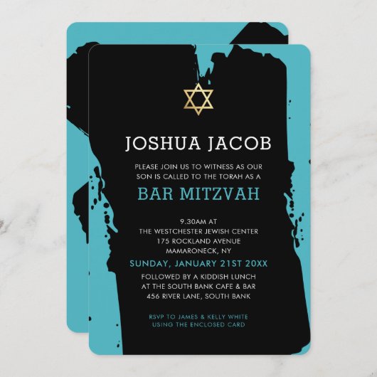 BAR MITZVAH INVITE moderne grunge turquoise blauw Kaart (Voorkant / Achterkant)