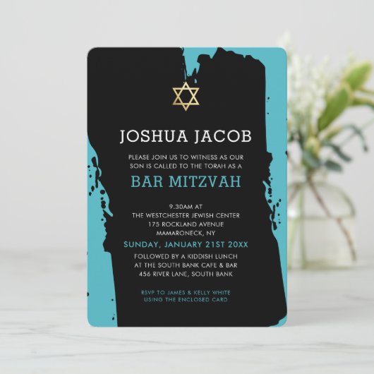 BAR MITZVAH INVITE moderne grunge turquoise blauw Kaart (Staand voorkant)