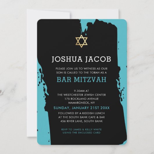 BAR MITZVAH INVITE moderne grunge turquoise blauw Kaart (Voorkant)