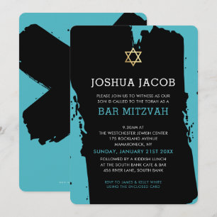 BAR MITZVAH INVITE moderne grunge turquoise blauw Kaart