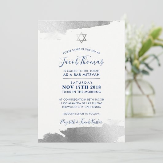 BAR MITZVAH INVITE moderne vergulde zilveren marin Kaart (Staand voorkant)