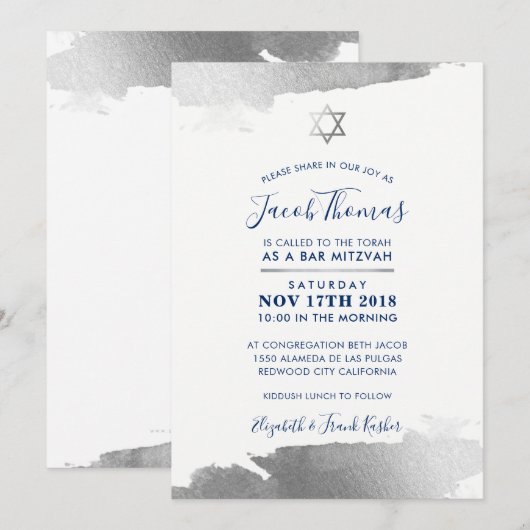 BAR MITZVAH INVITE moderne vergulde zilveren marin Kaart (Voorkant / Achterkant)