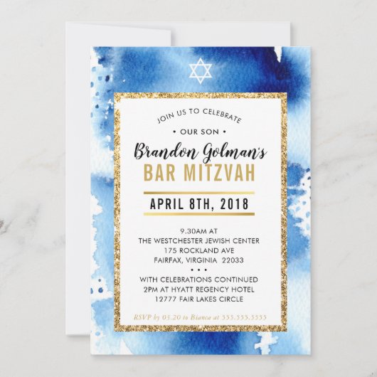BAR MITZVAH INVITE Moderne waterverf koel blauw Kaart (Voorkant)