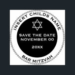 Bar mitzvah jongens opslaan de datum ster david  zelfinktende stempel<br><div class="desc">Een ronde stempel met een buitenring bestaande uit kleine cirkels en een binnenste massief zwarte cirkel lijsten sjablonen in vet wit en zwart waarmee u de gelegenheid kunt invoegen, uw zonennaam, de datum van zijn bar mitswa en het feit dat gasten de datum voor deze speciale viering moeten bewaren. De...</div>