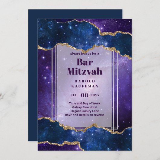 BAR MITZVAH KAARTEN Celestial Skies Blue Galaxy Go (Voorkant / Achterkant)