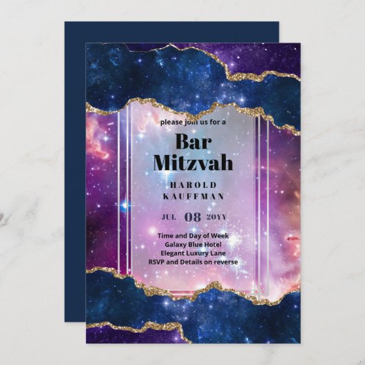 BAR MITZVAH KAARTEN Celestial Skies Blue Galaxy Go (Voorkant / Achterkant)