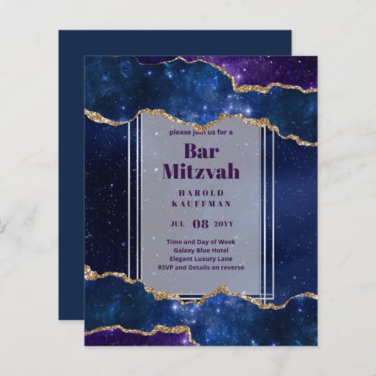 BAR MITZVAH KAARTEN Celestial Skies Blue Galaxy Go (Voorkant / Achterkant)