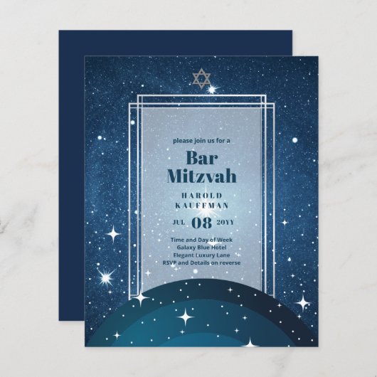 BAR MITZVAH KAARTEN Celestial Skies Blue Galaxy Go (Voorkant / Achterkant)