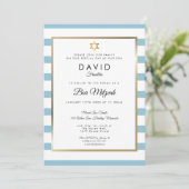 Bar Mitzvah Klassiek Blauw Wit Streep Goud Kaart (Staand voorkant)