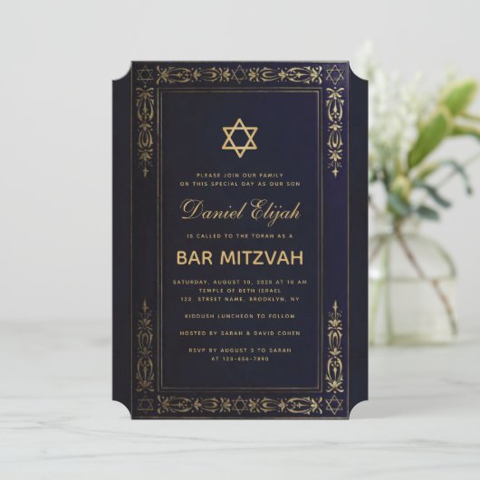 Bar Mitzvah legant Navy Blue Gold Star  in Kaart (Staand voorkant)