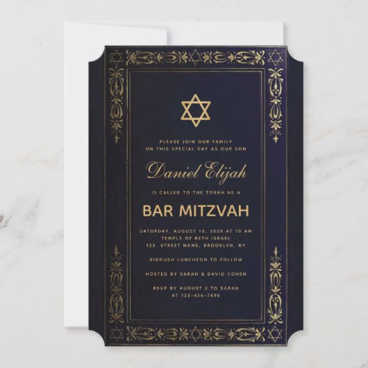 Bar Mitzvah legant Navy Blue Gold Star in Kaart (Voorkant)