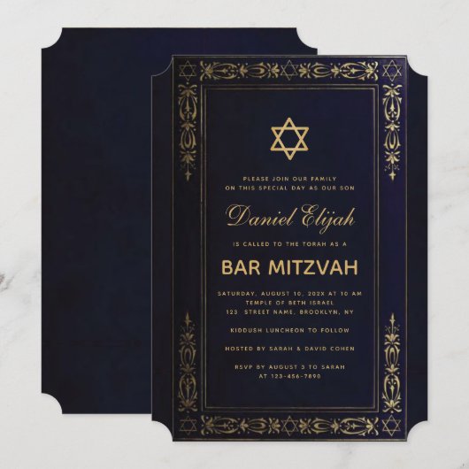 Bar Mitzvah legant Navy Blue Gold Star  in Kaart (Voorkant / Achterkant)