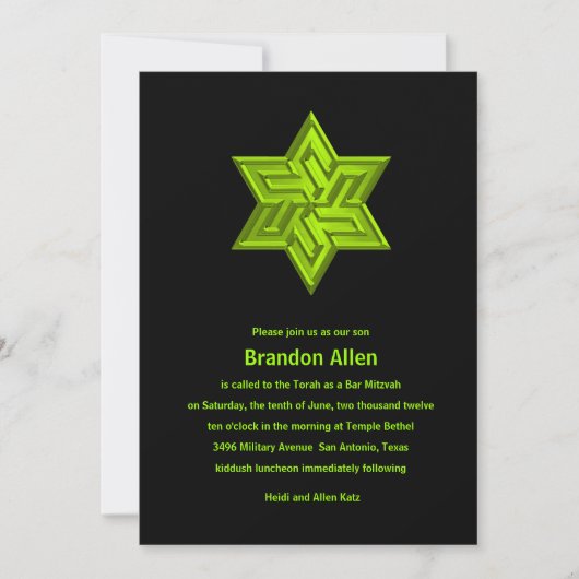 Bar Mitzvah Lime Green op Black, ster van David Kaart (Voorkant)