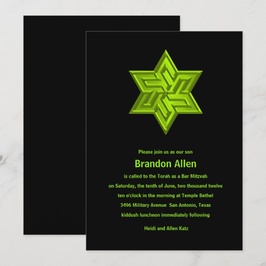 Bar Mitzvah Lime Green op Black, ster van David Kaart (Voorkant / Achterkant)