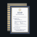 Bar Mitzvah Maaltijden Opties Song Aanvraag Blauw  RSVP Kaartje<br><div class="desc">Complimenteer marine en gouden bar mitswa uitnodigingen met elegante RSVP-antwoordkaarten. Alle tekst is eenvoudig aan te passen of te verwijderen. Kaart omvat maaltijdkeuzes, voedselallergieën, liedverzoek en de mogelijkheid om te antwoorden via website of e-mail. Het marineblauwe, gouden en witte ontwerp is voorzien van een faux folie Star of David, moderne...</div>