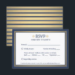 Bar Mitzvah maaltijdopties Navy Blue White en Gold RSVP Kaartje<br><div class="desc">Compliment marine en gouden bar mitzvah uitnodigingen met elegante RSVP-reactiekaarten. Al tekst is eenvoudig aan te passen of te schrappen zoals nodig. Kaart omvat maaltijdkeuzes en de mogelijkheid om te reageren via website of e-mail. Het blauw, wit en goudvormig ontwerp is voorzien van een faux folie Star van David, moderne...</div>