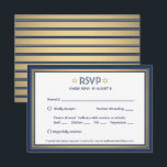 Bar Mitzvah maaltijdopties Navy Blue White en Gold RSVP Kaartje<br><div class="desc">Compliment marine en gouden bar mitzvah uitnodigingen met elegante RSVP-reactiekaarten. Al tekst is eenvoudig aan te passen of te schrappen zoals nodig. Kaart omvat maaltijdkeuzes en de mogelijkheid om te reageren via website of e-mail. Het blauw, wit en goudvormig ontwerp is voorzien van een faux folie Star van David, moderne...</div>