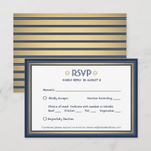 Bar Mitzvah maaltijdopties Navy Blue White en Gold RSVP Kaartje
