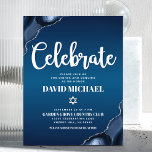 Bar Mitzvah Marine Blauw Ombre Agate Script Modern Informatiekaartje<br><div class="desc">Wees trots, verheug je en laat deze mijlpaal van je favoriete Bar Mitzvah zien! Voeg dit coole, unieke, moderne, gepersonaliseerde inlegvel toe voor extra informatie over uw evenement. White script typografie en Star of David overlay een diepe navy blauw ombre achtergrond met staal blauw agaat geaccentueerd met faux zilveren aderen....</div>