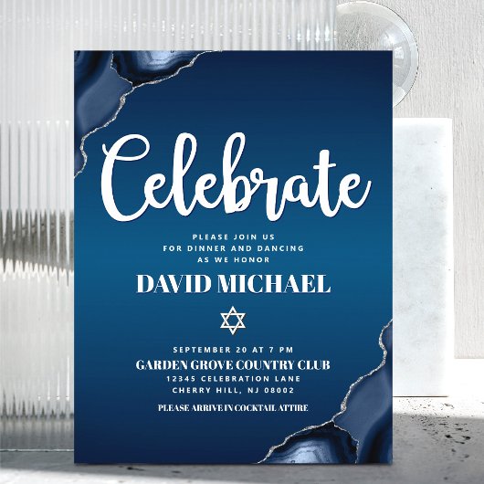 Bar Mitzvah Marine Blauw Ombre Agate Script Modern Informatiekaartje