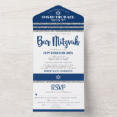 Bar Mitzvah Marine Blauw Zilver Tallit Modern Scri All In One Uitnodiging (Binnen)
