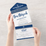 Bar Mitzvah Marine Blauw Zilver Tallit Modern Scri All In One Uitnodiging<br><div class="desc">Wees trots, verheug je en laat deze mijlpaal van je favoriete Bar Mitzvah zien! Stuur deze coole, unieke, moderne, aangepaste all-in-one uitnodiging voor een evenement om te onthouden. Vet, marineblauw script typografie, Star of David en een navy blauw en faux zilver glitter gestreepte tallit geïnspireerde grafische overlay op een eenvoudige,...</div>