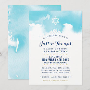 BAR MITZVAH modern aquablauw waterverf uitnodigen Kaart