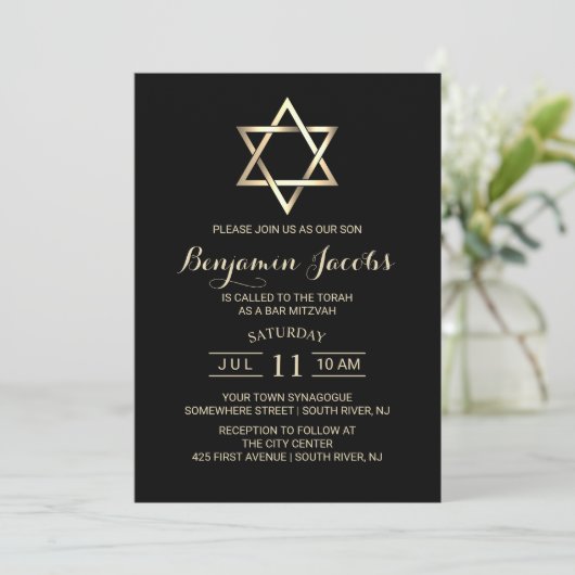 Bar Mitzvah Modern Black & Gold Jewish Kaart (Staand voorkant)
