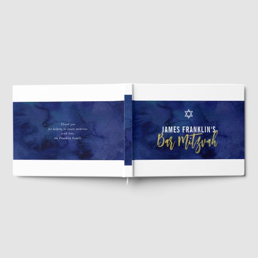 BAR MITZVAH modern blauw waterverf goud schrijven Gastenboek (Volledig)