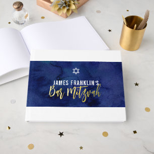 BAR MITZVAH modern blauw waterverf goud schrijven Gastenboek