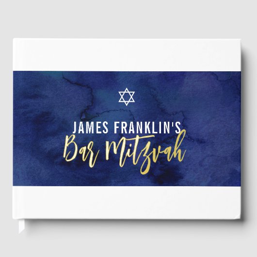 BAR MITZVAH modern blauw waterverf goud schrijven Gastenboek (Voorkant)